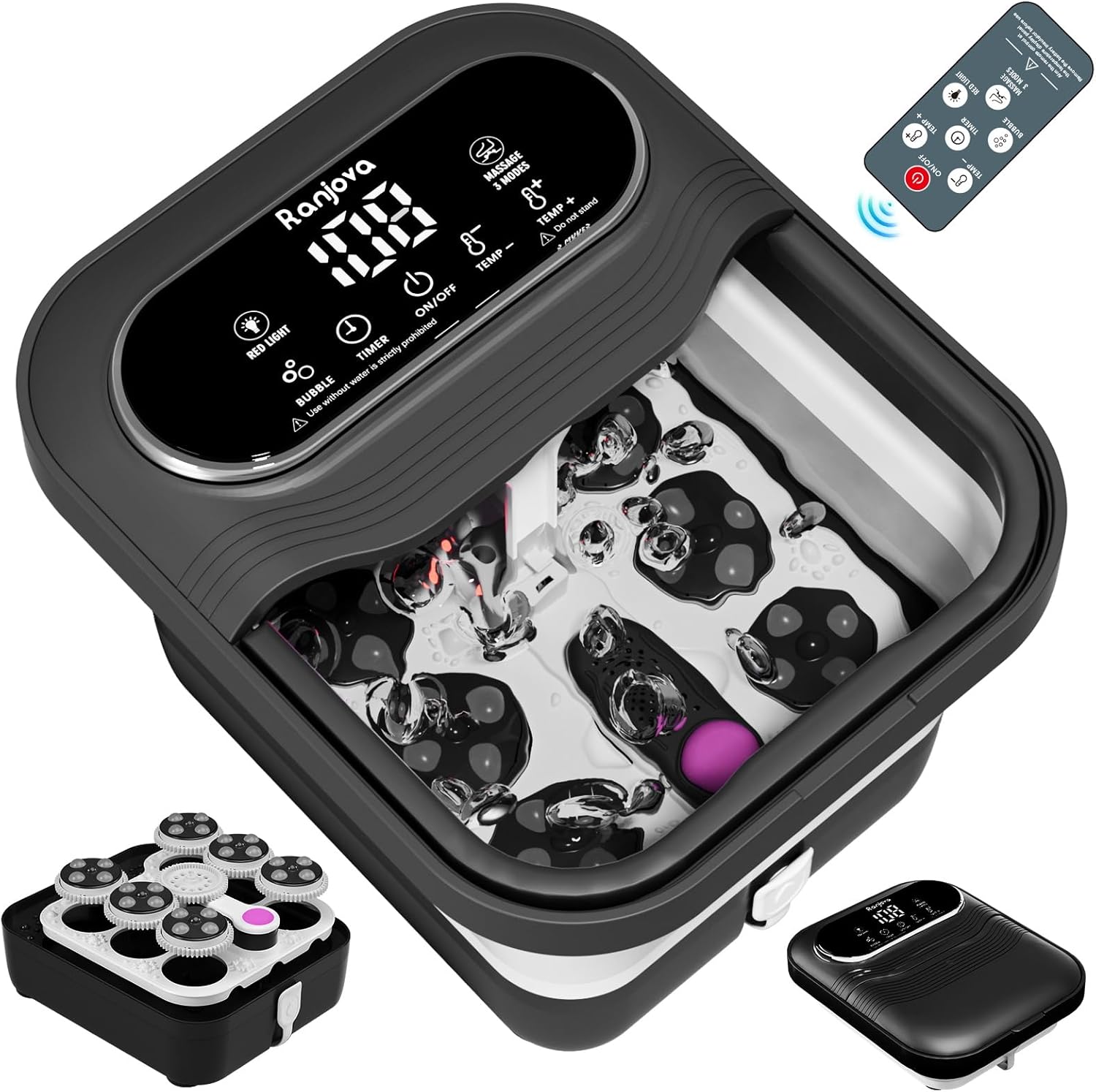 Ranjova Collapsible Foot Spa Electric Rotary Massage, Foot Bath with Remote Control, Heat, Bubble, Temp Control, and 24 Motorized Shiatsu Massage Balls, Pedicure Foot Spa Tub for Stress Relief (Black)
