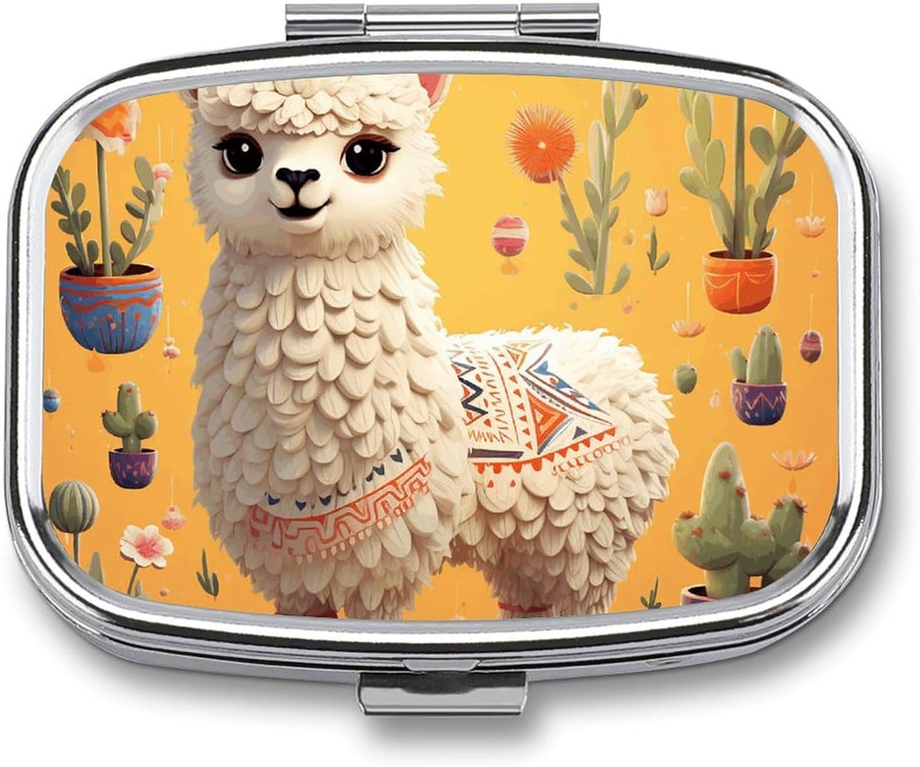 Cartoon Alpaca Cute Animal Pill Box Small Pill Organizer with 2 Compartments and Mirror Portable Travel Metal Pillcase for Pocket Or Purse, Privacy-Protecting Medicine Box