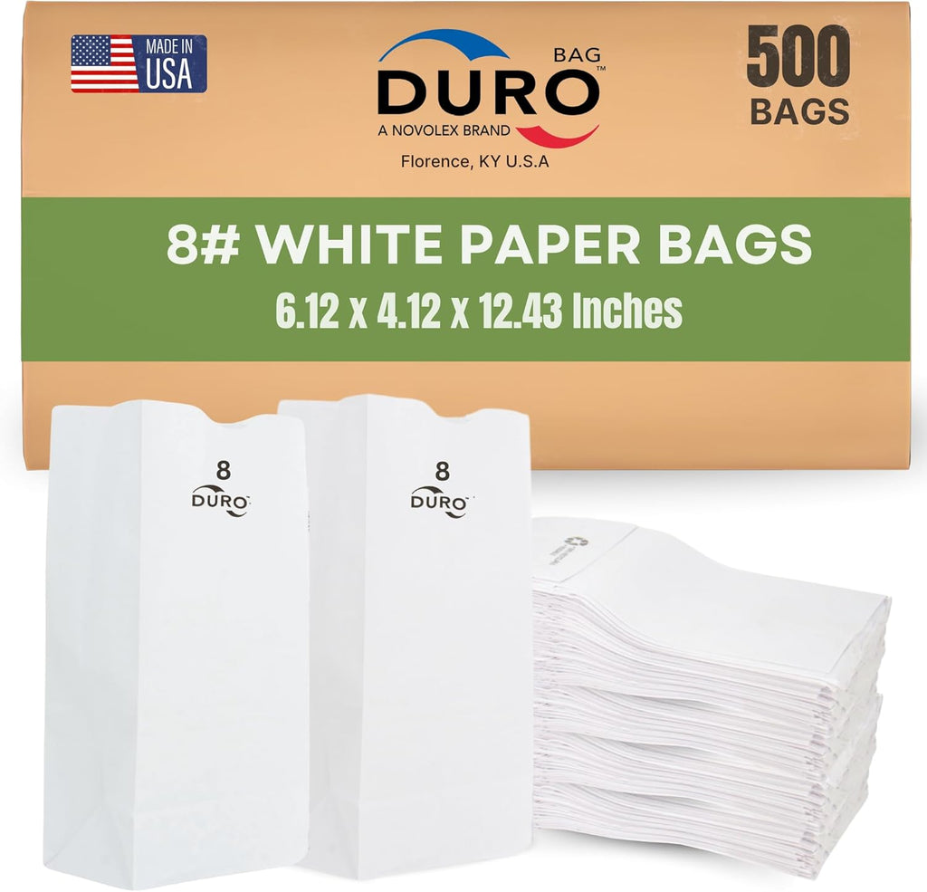 Duro 8# White Paper Lunch Bags 500 Count - Bulk White Paper Bags for Bread, Bagel, Deli & Restaurant Takeout or Delivery, Disposable Lunch Sacks - 6.12 x 4.12 x 12.43 Inches
