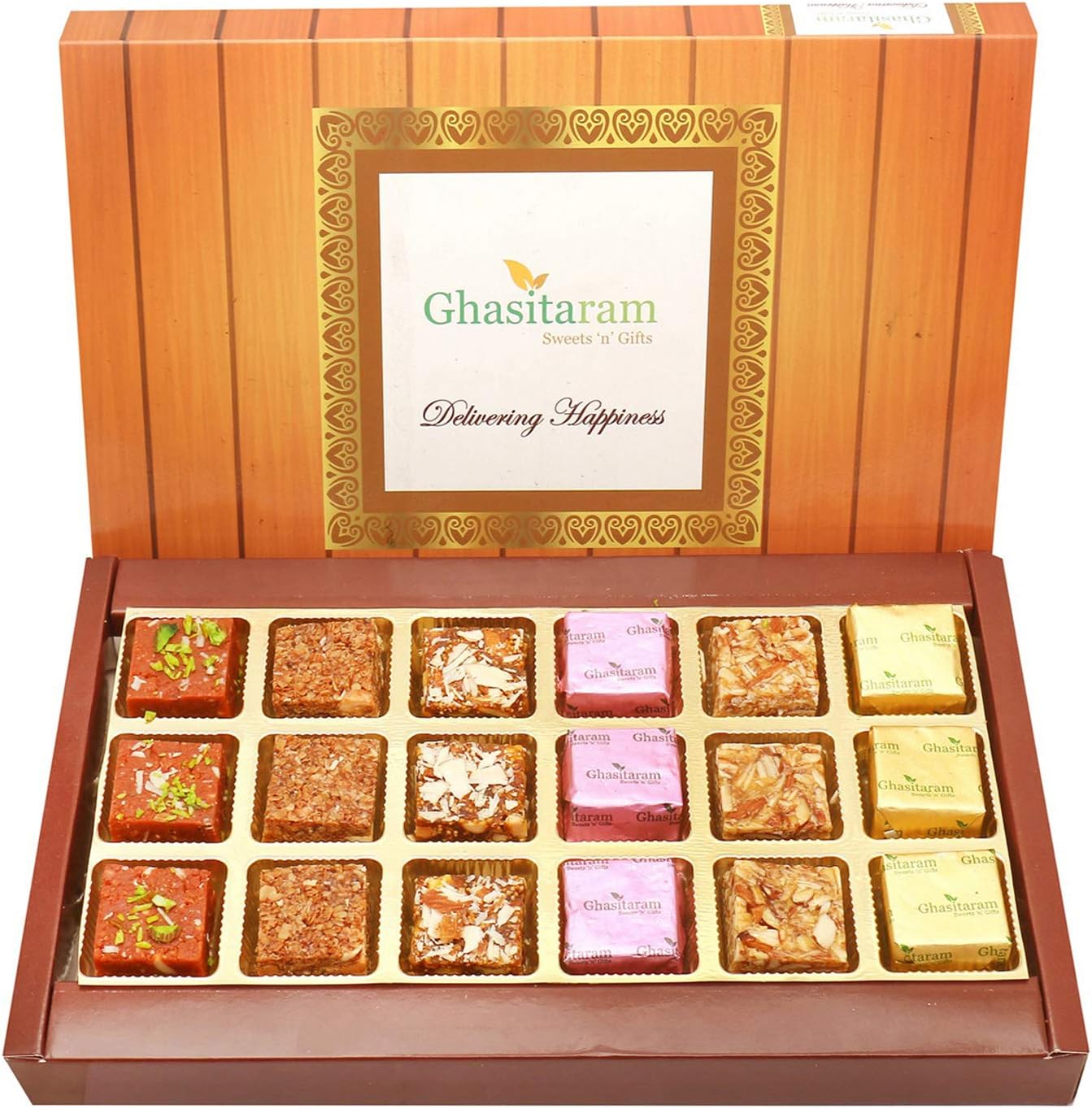 Ghasitaram Gifts Indian Sweets - Diwali Gifts 18 pcs Assorted Box of MEWA Bites, Granola Bites, Sugarfree Anjeer/Figs Bites, Roasted Almond Bites, Cashew Anjeer/Figs Bites