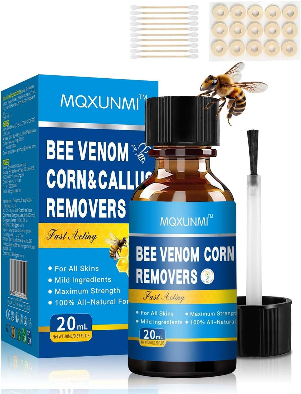 Bee Venom Wart Remover, 20ML Liquid Corn Removers for Feet Fast Acting Corn Removers for Toes, Extra Strength Bee Venom Wart, Corn and Callus Removers Safe Foot Care with Corn Cushions