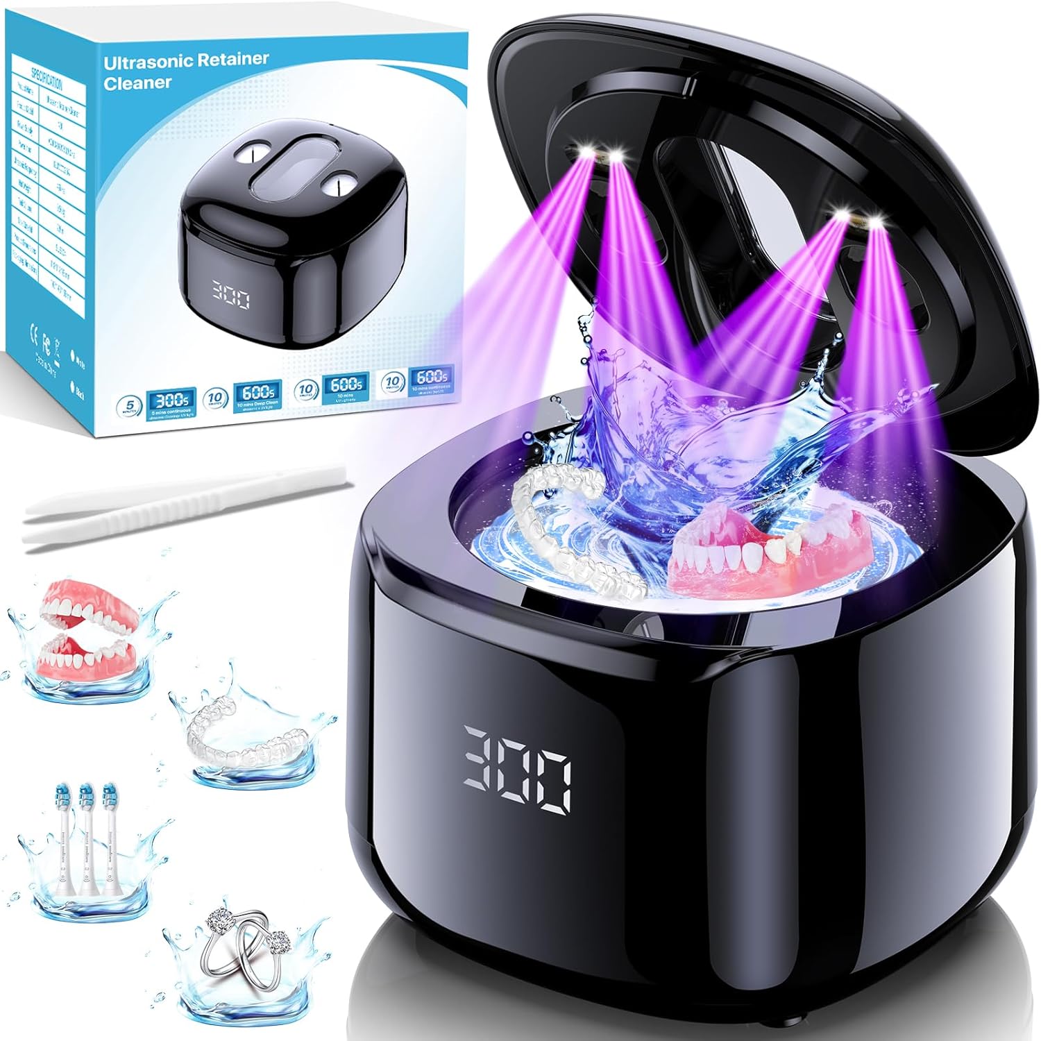 Ultrasonic Retainer Cleaner Machine, 49KHz 220ML Dental Cleaning Pod with Digital Timer, Deep Cleaning Ultrasonic Dentures Cleaner for Night Guards, Braces, Aligner, Toothbrush, Jewelry, Black