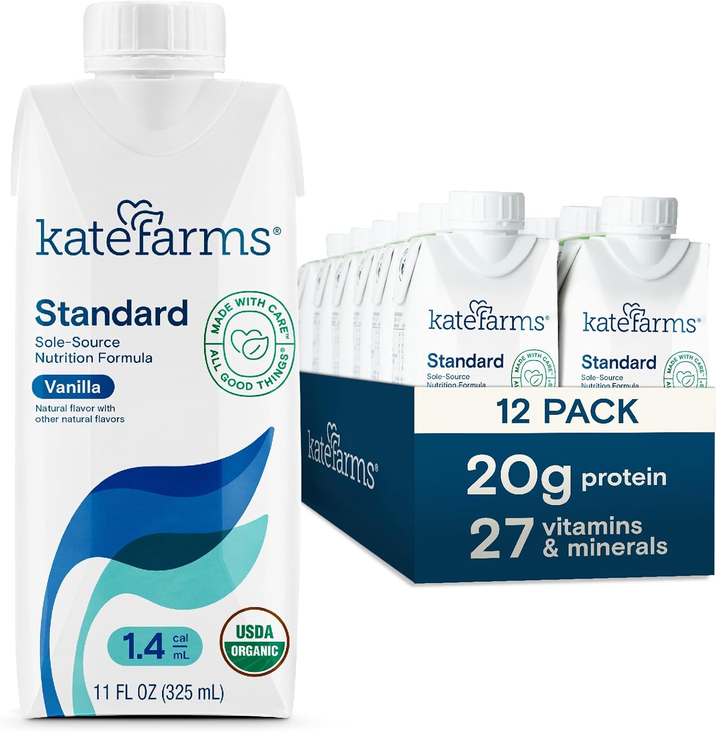 KATE FARMS Organic 1.4 High Calorie Nutrition Shake, Vanilla, 20g Protein, 27 Vitamins and Minerals, Meal Replacement, Protein Shake, 11 oz (12 Pack)
