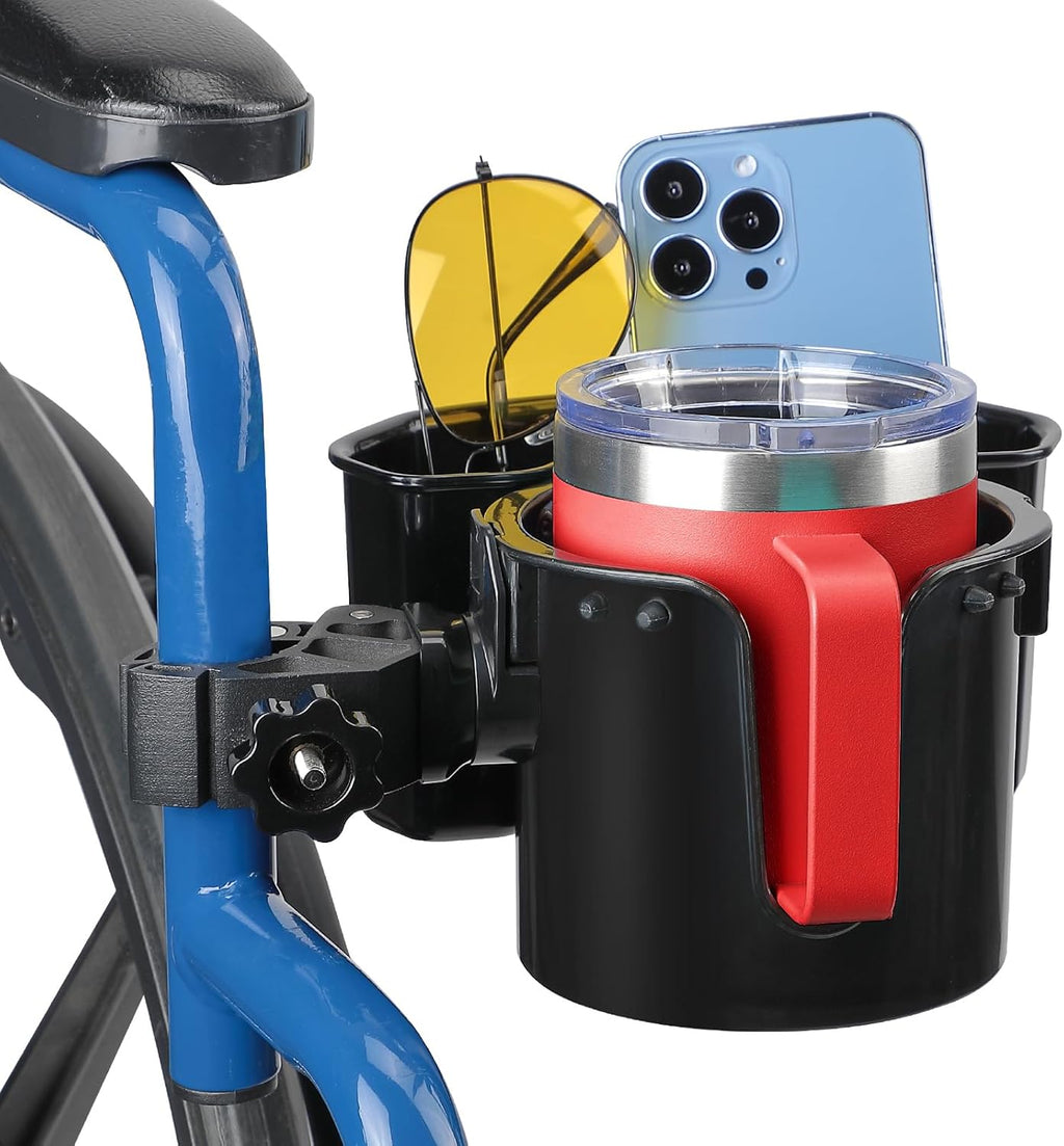 JOYTUTUS Wheelchair Cup Holder, 2-in-1 Walker Cup Holder with 6.4'' Large Storage Box, Drink Holder for Bottle with Handle, Fit for Wheelchair, Walker, Rollator, Stroller, Camper, Golf cart (Large)