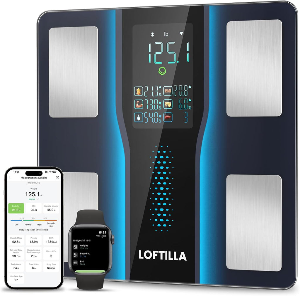 LOFTILLA Smart Scale for Body Weight, Accurate Scale with BMI Body Fat Muscle Mass, 8-in-1 Large Display, Digital Bathroom Scales for 14 Body Composition Metrics, Sync with Fitness App