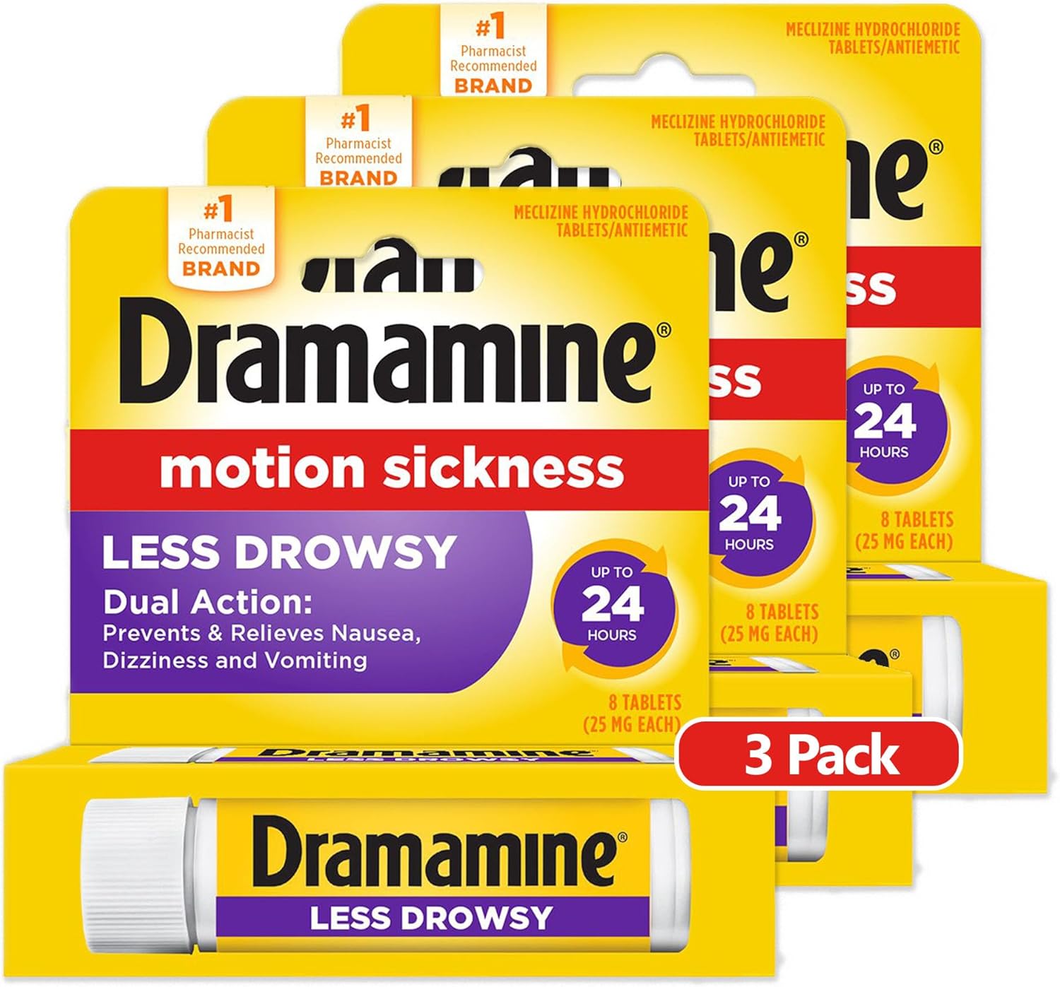 Dramamine All Day Less Drowsy, Motion Sickness Relief, 8 Count, 3 Pack