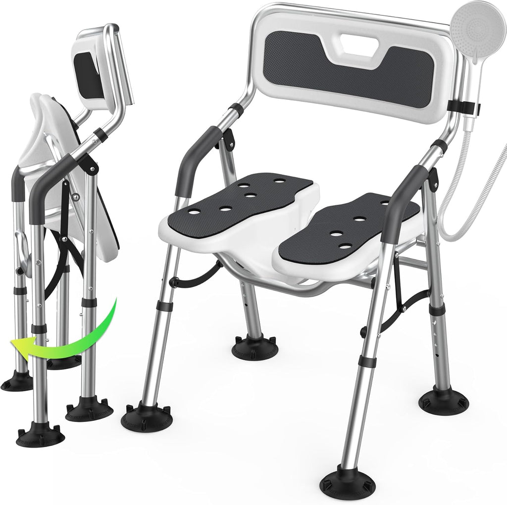 Folding Shower Chair U-Shape Seat for Elderly and Disabled,Foldable Shower Chair for Inside Shower with Arms and Back,Portable Bath Chairs for Seniors,Women,Handicap,Adjustable Height,Easy Assembly