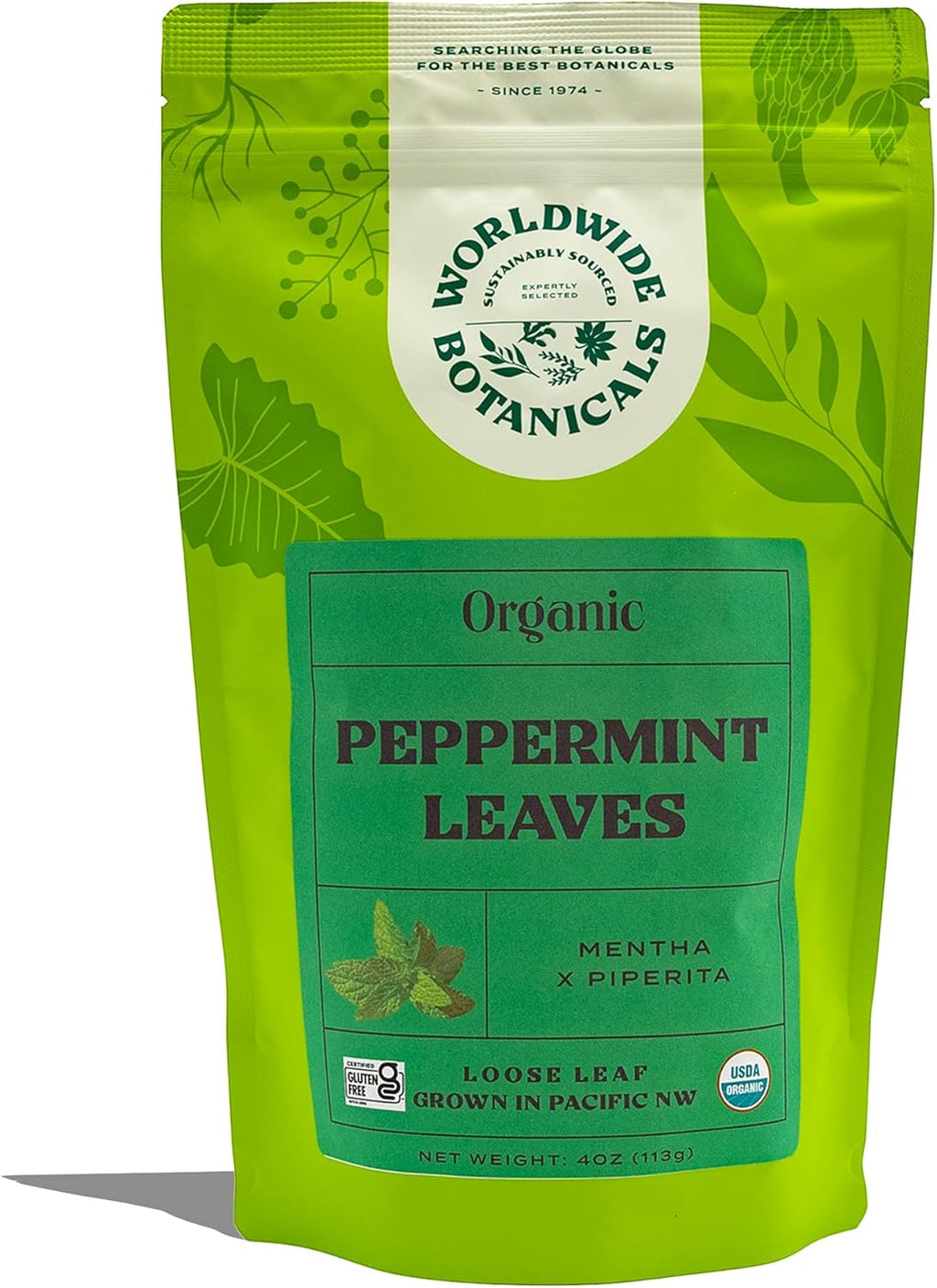 Worldwide Botanicals Organic Peppermint Loose Leaf Tea, 4 oz - Pacific Northwest Organic Cultivation, Highly Aromatic Digestive Tea, Antioxidant, Caffeine Free