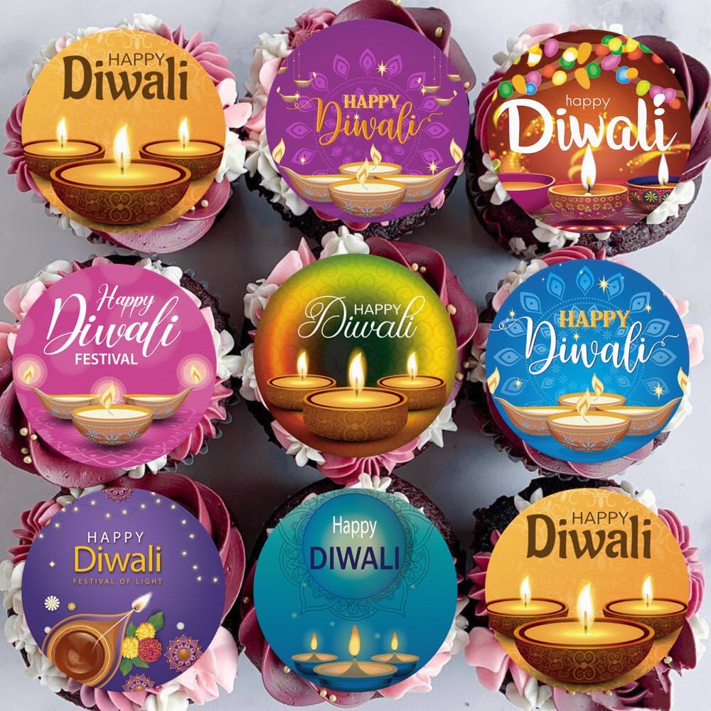36PCS Edible Happy Diwali Cupcake Toppers Wafer Paper Festival of Lights Cake Decorations Indian Castle Cupcake Picks for Deepavali Theme Party Birthday Decor Supplies (Happy Diwali 1)