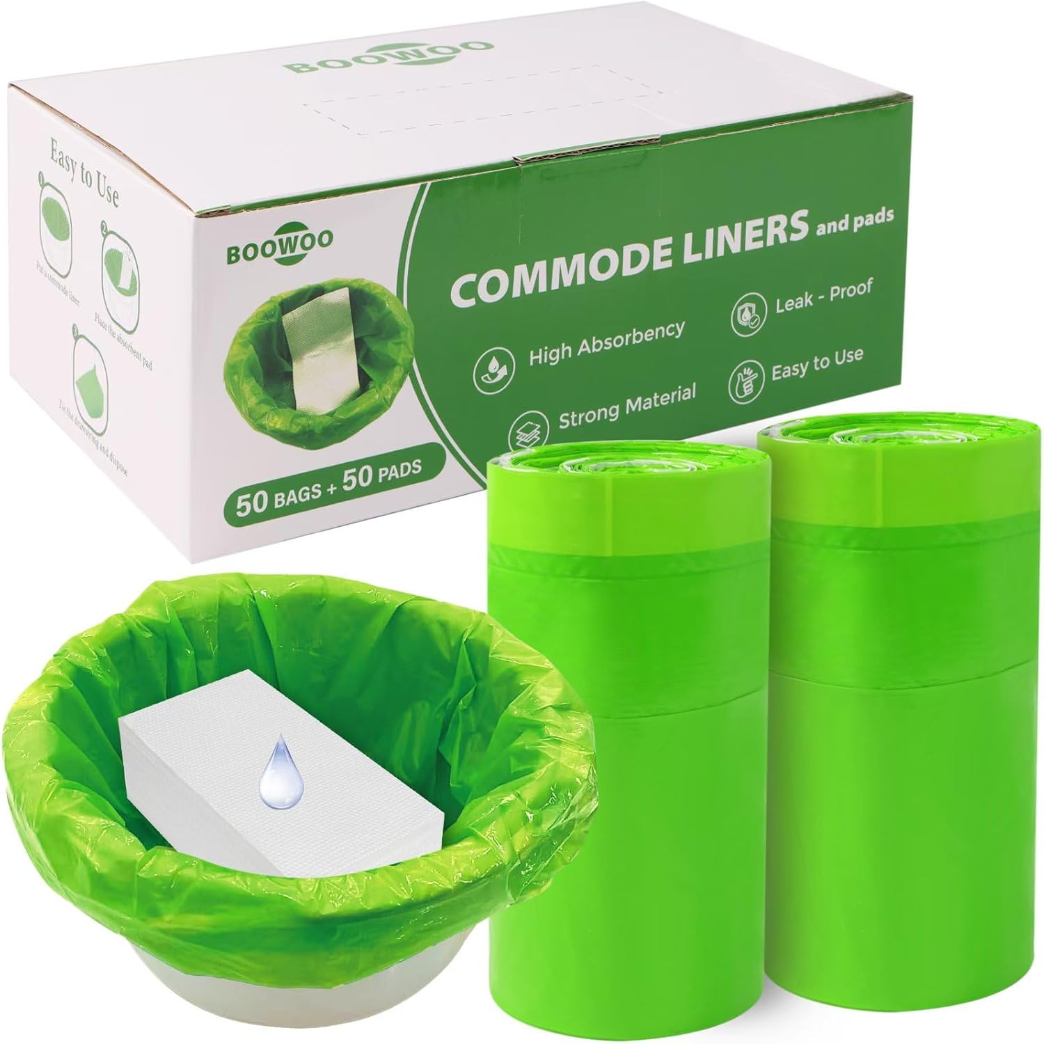 BOOWOO Bedside Commode Liners with Absorbent Pads, Disposable Commode Bags/Pads, Scented Adult Potty Chair Liners, Portable Commode Poop Bag for Commode Chair, Bedpan, Bucket Toilet, 50 Bags+50 Pads