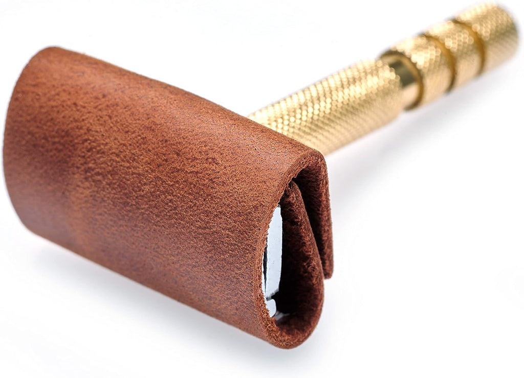 Safety Razor Head Protecting Leather Cover, Genuine Cowhide Leather Double Edge Safety Razor Case Accessories for Travel, Butterfly Razor Case (Cognac)