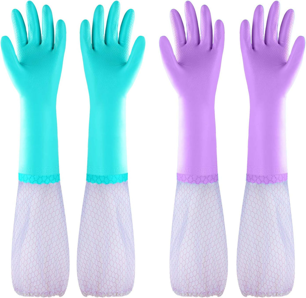 Elgood Reusable Long Sleeve Dishwashing Cleaning Gloves with Latex Free,Cotton Lining,Kitchen Gloves 2 Pairs,Purple+Blue L