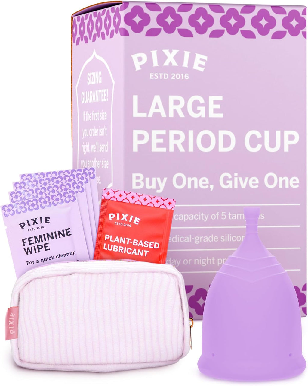 Pixie Cup - Soft, Safe, Reusable Menstrual Cup - Ranked 1 for The Best Tampon Alternative - 100% Medical-Grade Silicone Period Cup for Feminine Care - Buy One We Give One (Purple, Large)