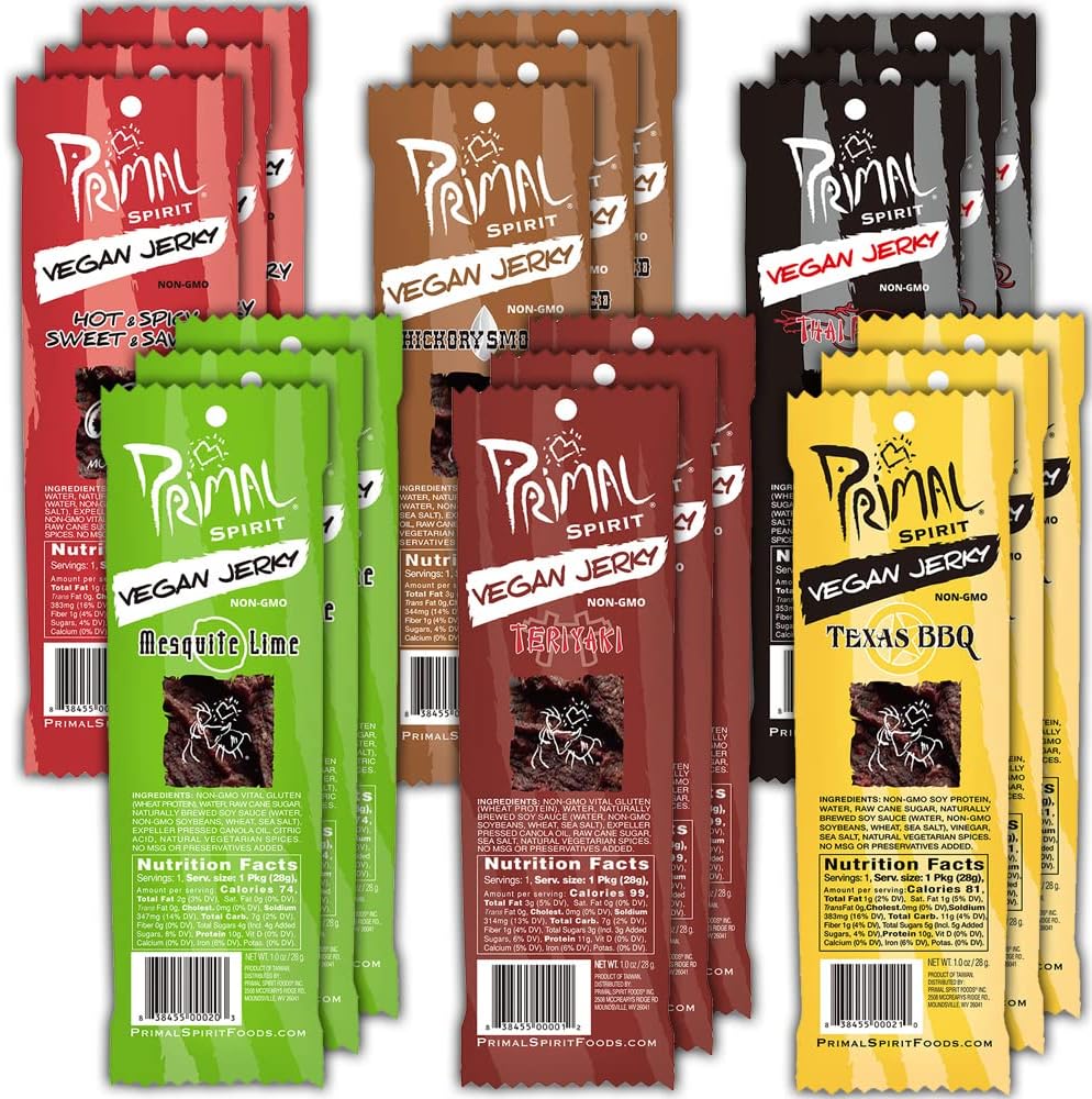 Primal Spirit Vegan Jerky - Sampler Pack, 10g. Plant Based Protein, Certified Non-GMO ("Classics" Thai Peanut, Mesquite Lime, Teriyaki, Hot & Spicy, Hickory Smoked, & Texas BBQ, 18-Pack, 1 oz.)