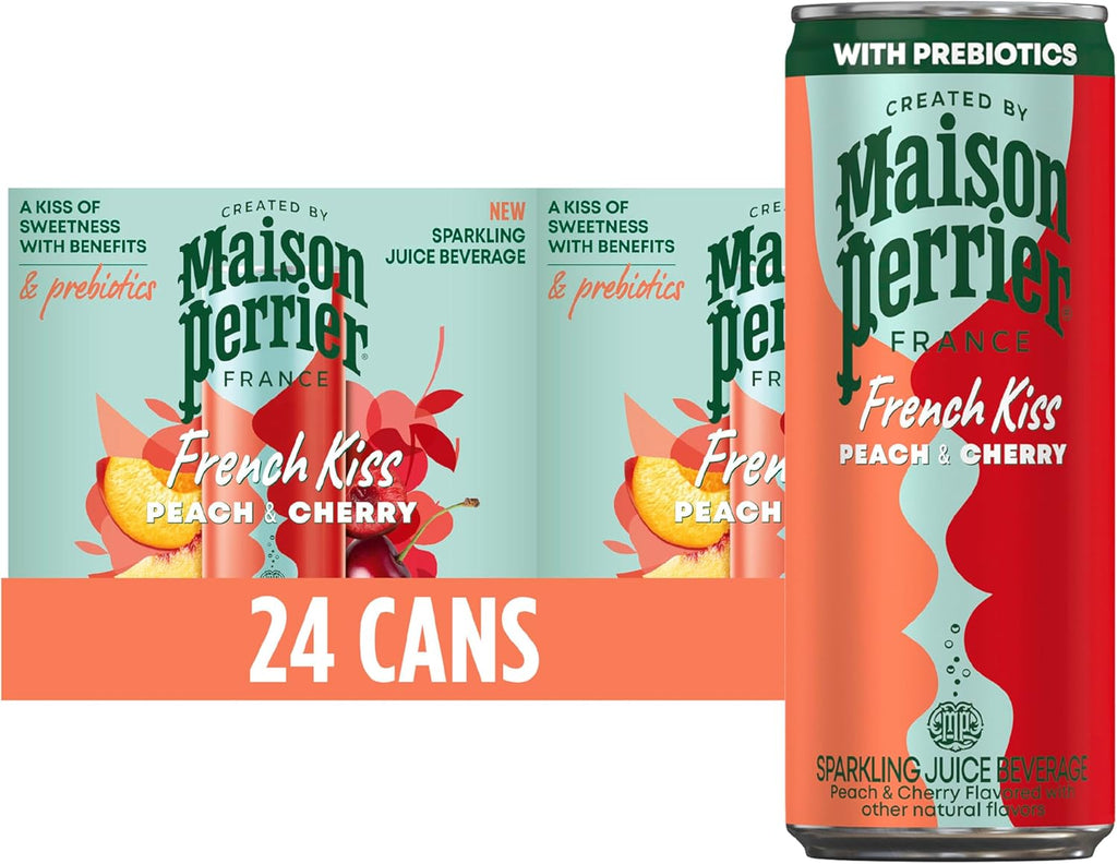 Maison Perrier French Kiss Sweetened Sparkling Juice Beverage, Peach & Cherry Flavors With Real Fruit Juices, 24Pk
