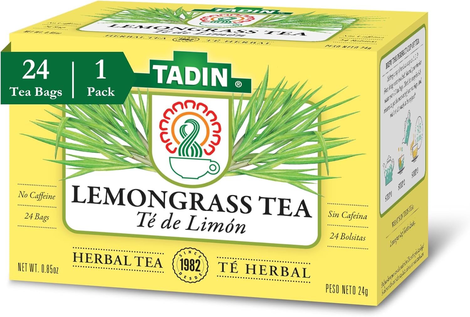 Tadin Lemongrass Tea, Herbal Tea, Caffeine Free, 24 Tea Bags Individually Wrapped Per Box, Pack of 1