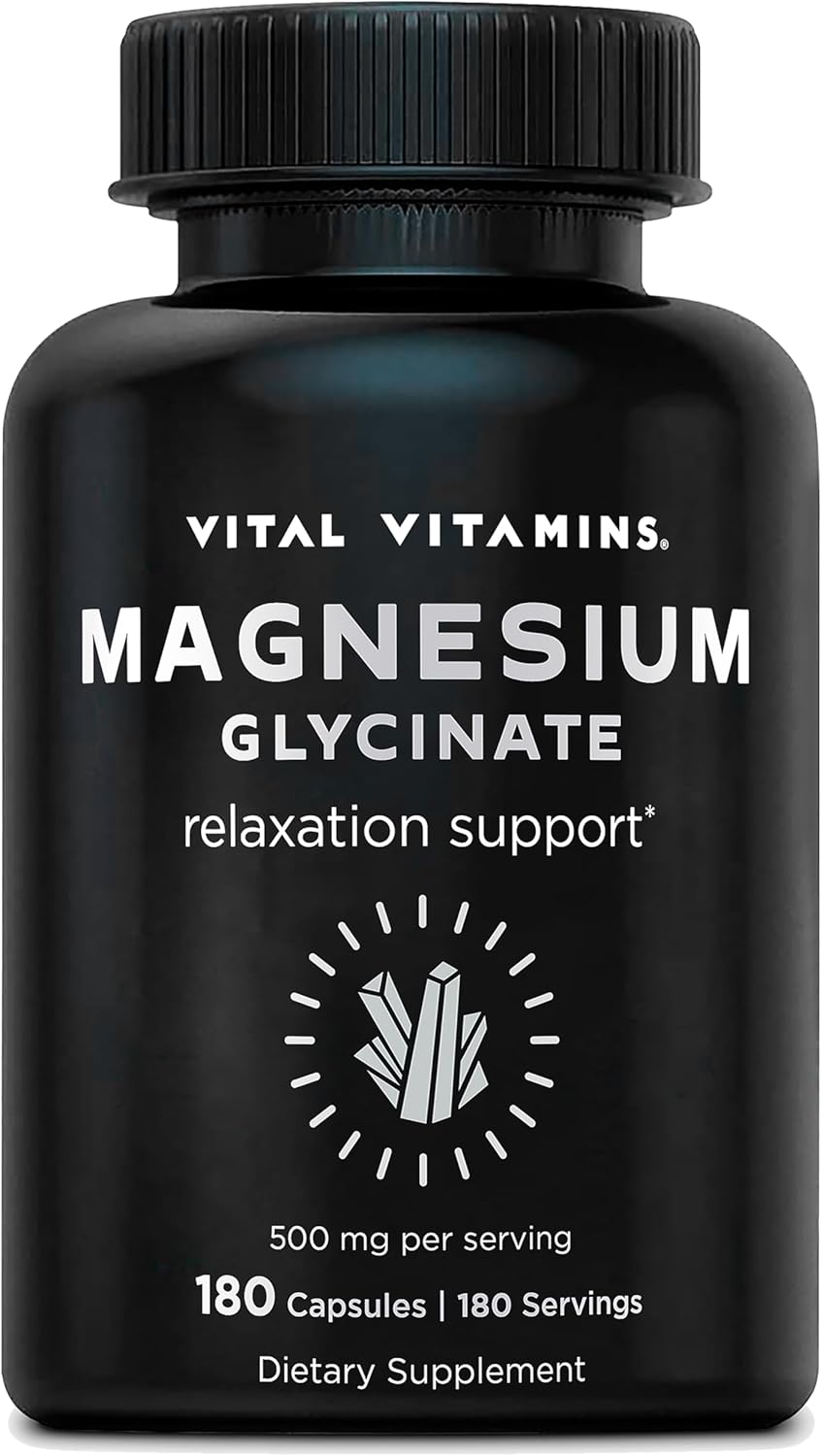 Vital Vitamins Magnesium Glycinate 500mg - High Absorption Formula - Promotes Relaxation, Calmness, & Restful Sleep - Pure Magnesium Supplement for Men & Women - 180 Capsules, Vegan, Non-GMO