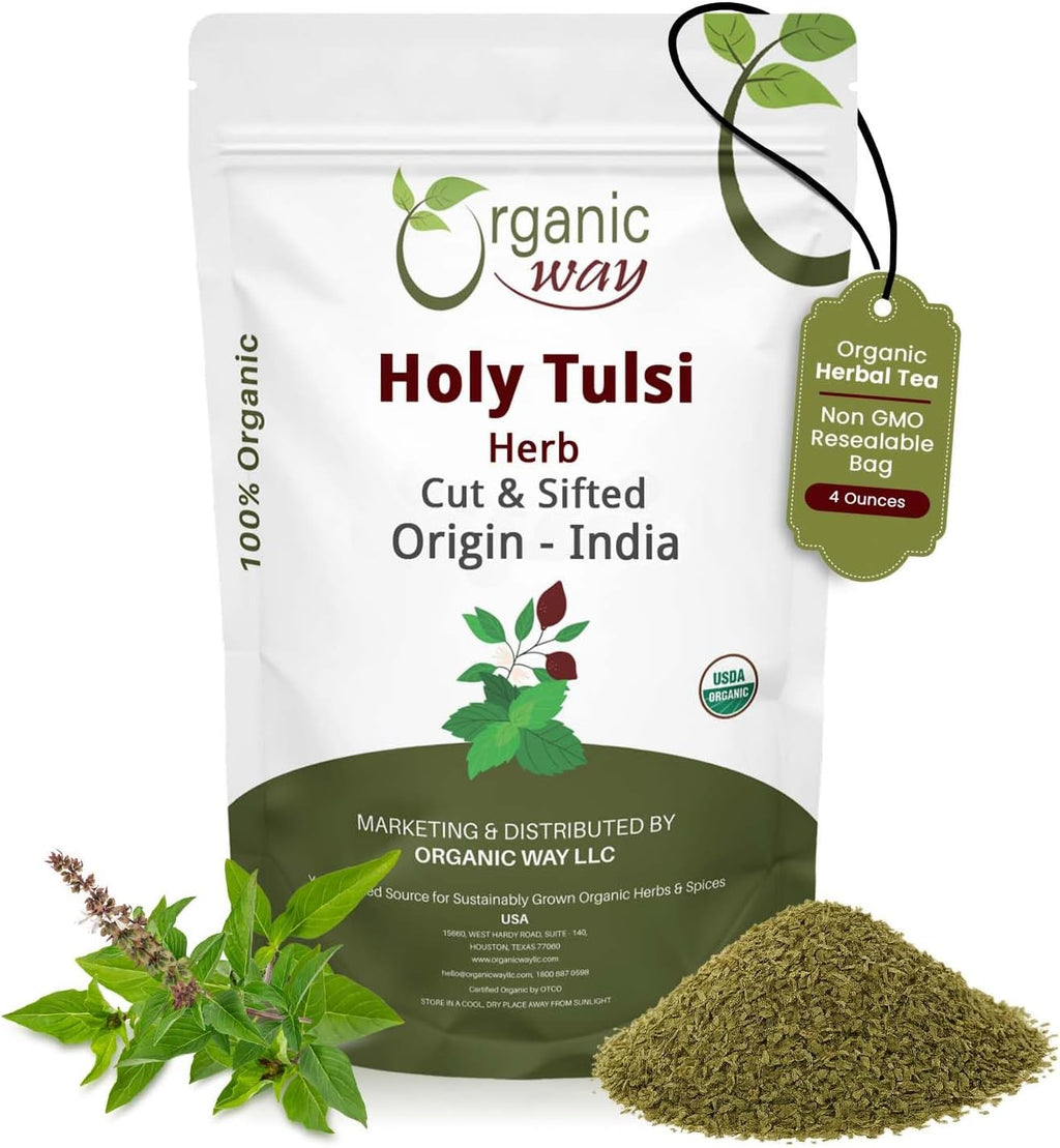 Organic Way Holy Tulsi/Holy Basil Herb Cut & Sifted (Ocimum Tenuiflorum) - Organic & Kosher Certified | Raw, Vegan, Non GMO & Gluten Free | USDA Certified | Origin - India (1/4 LBS / 4 Oz)