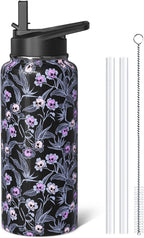 Goth Skull 32oz Water Bottles with Flip Straw & Spout Lid, Gothic Floral Stainless Steel Travel Sport Water Bottle, Holiday Gifts for Women Girls (1 PC)