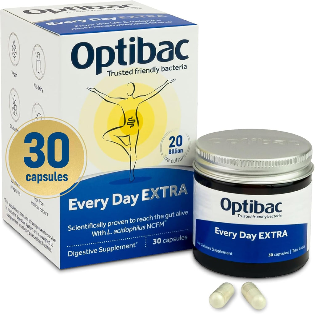 OptiBac Probiotics Every Day Extra 30 Capsules | High Strength Digestive Probiotics with 20 Billion CFU | Vegan Supplement with Lactobacillus Acidophilus NCFM | for Everyday Digestive Health