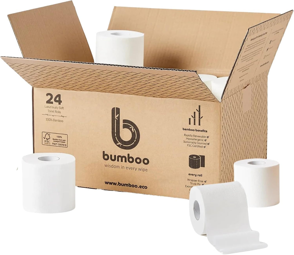 Bumboo Bamboo Toilet Roll 24 Pack | Toilet Paper 3 ply, 300 Sheets | Plastic-Free, Soft, Strong, Sustainable & Biodegradable Toilet Tissue