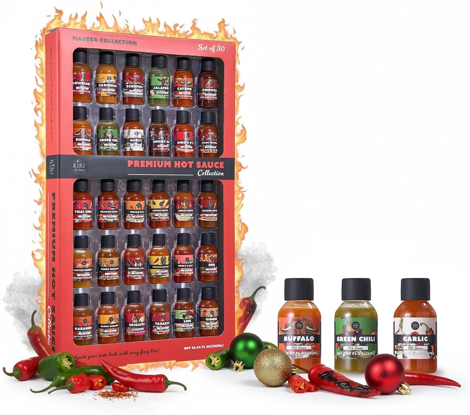 Hot Sauce Gift Set of 30 – Master Collection Variety Sampler Box, Assorted Gourmet Flavors, Spicy Chili Pepper Pack for Cooking, Grilling & Dipping | Heat Challenge Gift for Men, Food & Spice Lovers