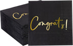 Congratulations Cocktail Napkins 50 Pack Gold Foil Congrats! Black Paper Napkins Party Supplies Disposable Bar Napkins Perfect for Engagement, Graduation, Baby Shower, Celebration Party 6.5'' x 6.5''