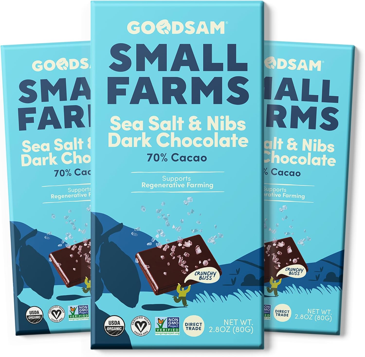 GoodSAM Organic Sea Salt & Nibs 70% Dark Chocolate (Pack of 3) - Non GMO, Vegan, Regenerative Farming, Direct Trade