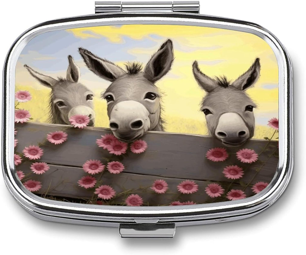 Square Pill Box,Donkey and Flower Medicine Pill Case,Two-Compartment Pill Box,Portable Pill Organizer for Purse Or Pocket
