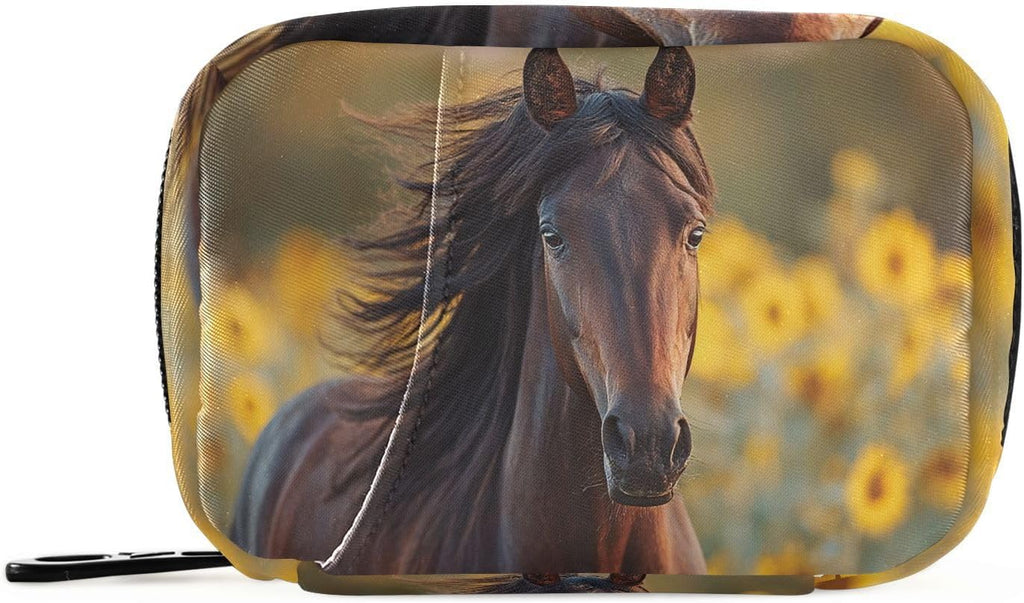 Sunflowers Field Horse Pill Organizer Case Floral Animals 7 Day Travel Pill Box with Zipper Portable Weekly Vitamin Medicine Supplement Holder Pouch Bag