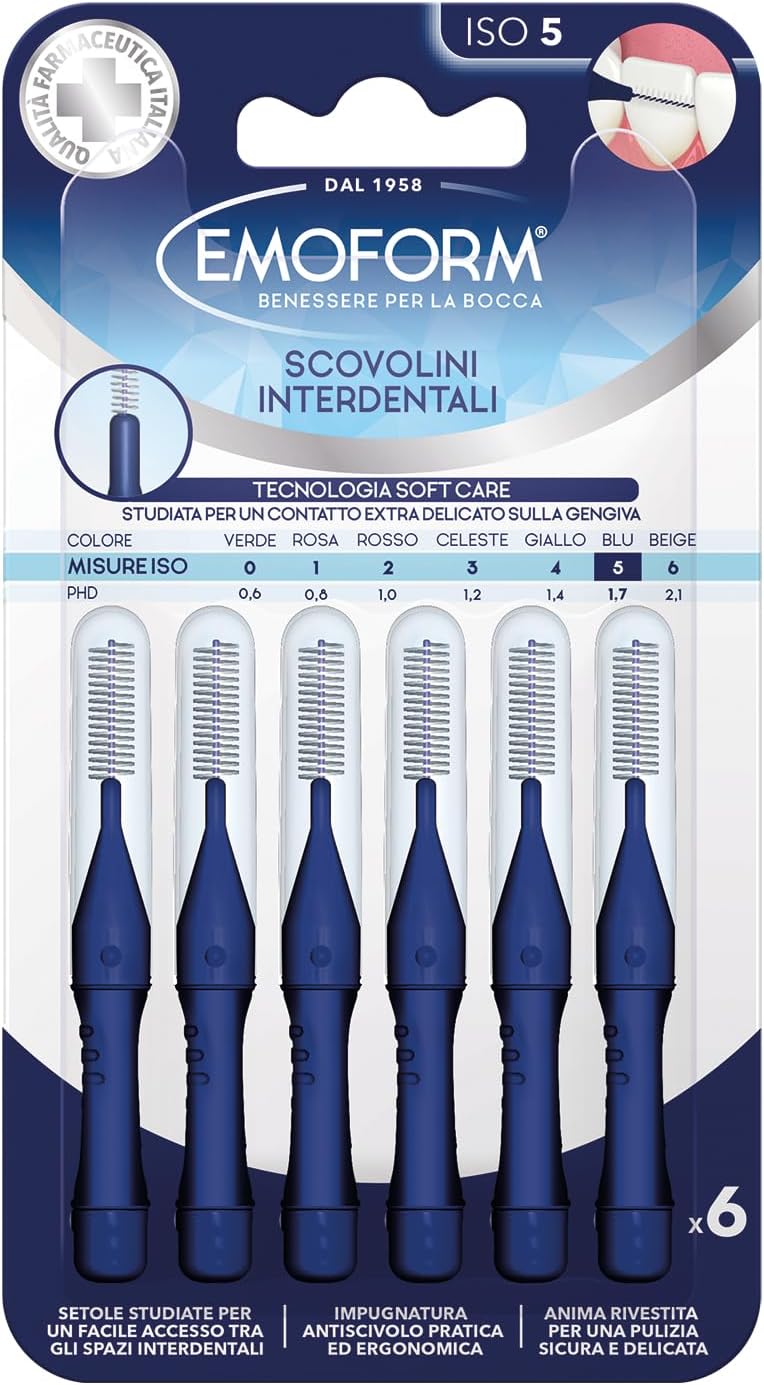 Blue Interdental Brush, 6 Pieces with SoftCare Technology for Extra Soft Gum Contact Thanks to Soft Bristles, Non-Slip Handle with Lid for Oral Hygiene