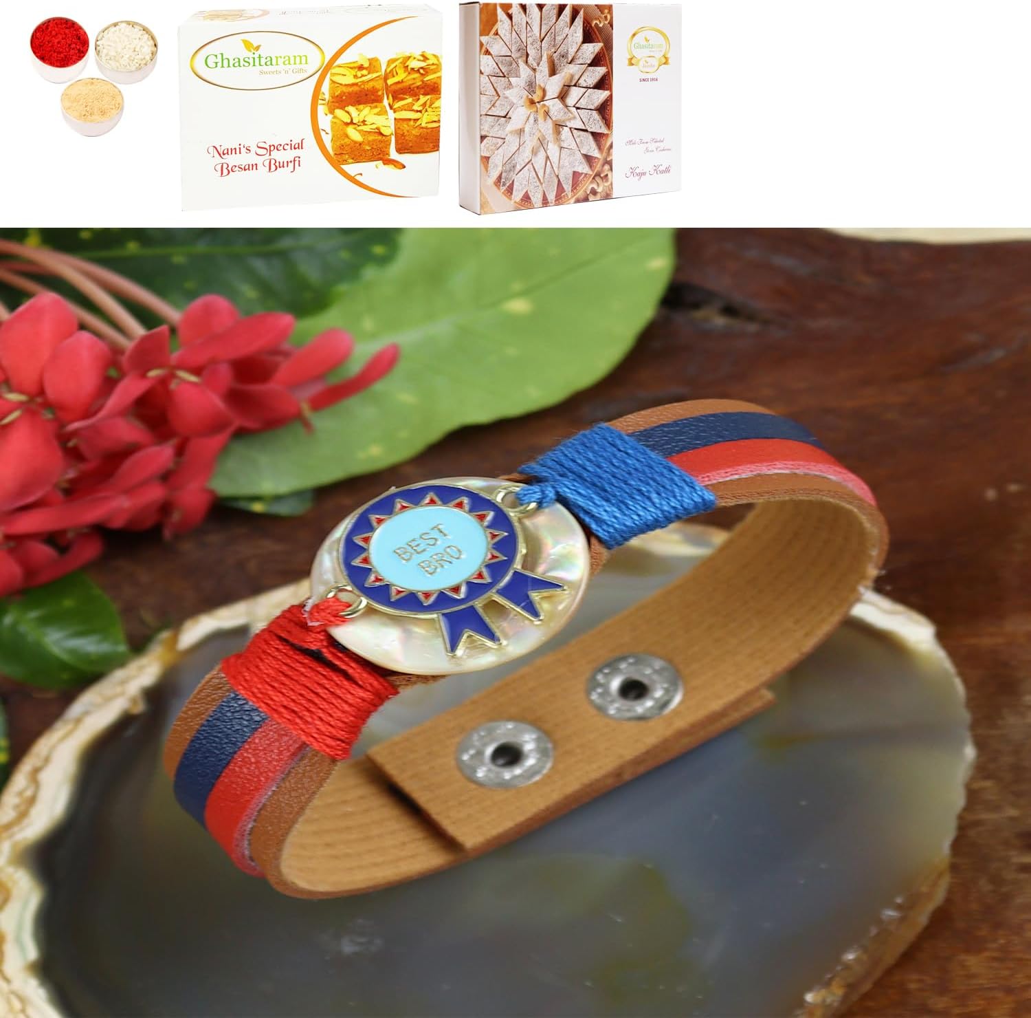Ghasitaram Gifts Jaiccha Rakhi for Brother Rakhis Online PRK24-016 Premium Rakhi with 200 gms of Besan Barfi and 200 gms of Kaju Katli