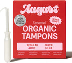 August Super + Regular Tampons - 96-Pack (6 Packs of 16) 100% Organic Cotton Tampons for Women and Anyone Who Menstruates, Non-Toxic, Fragrance-Free, and Hypoallergenic with Long Applicators