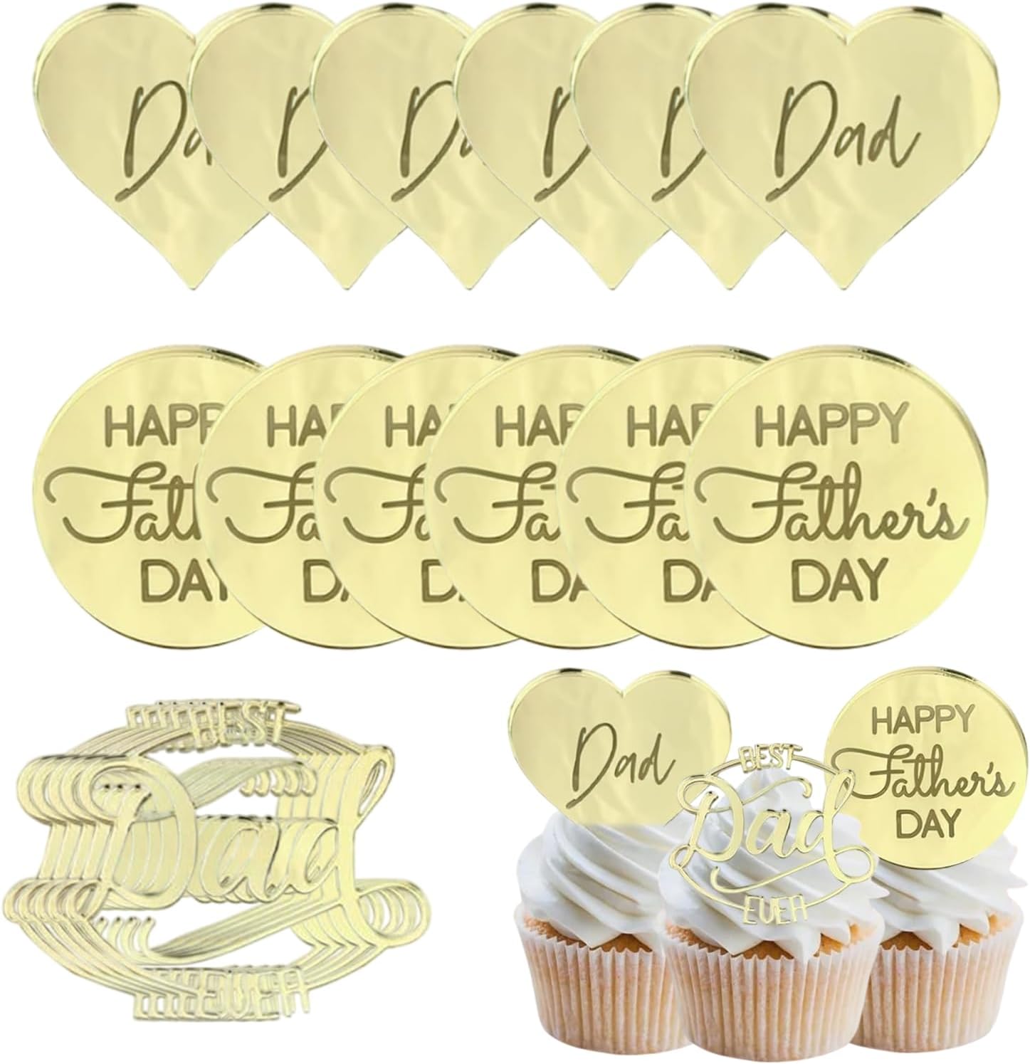Furimuk 18 Pcs Happy Father's Day Acrylic Cupcake Toppers Heart Mirror Engraved Cake Topper Cupcake Decorations for Father's Day