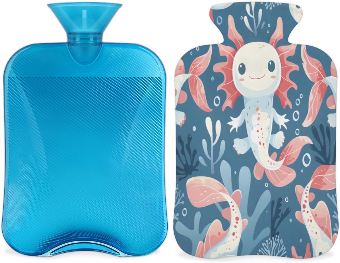 Cute Axolotl Hot Water Bottle with Cover 2L Large Hot Water Bag for Menstrual Cramps, Neck and Shoulder Pain Relief, Hot Cold Therapy, Hand Feet Warmer