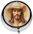 Jesus Wearing A Cowboy Hat Western Art Round Pill Case, Portable Pill Box for Pocket Metal Medicine Vitamin Organizer 3 Compartment Three Times A Day