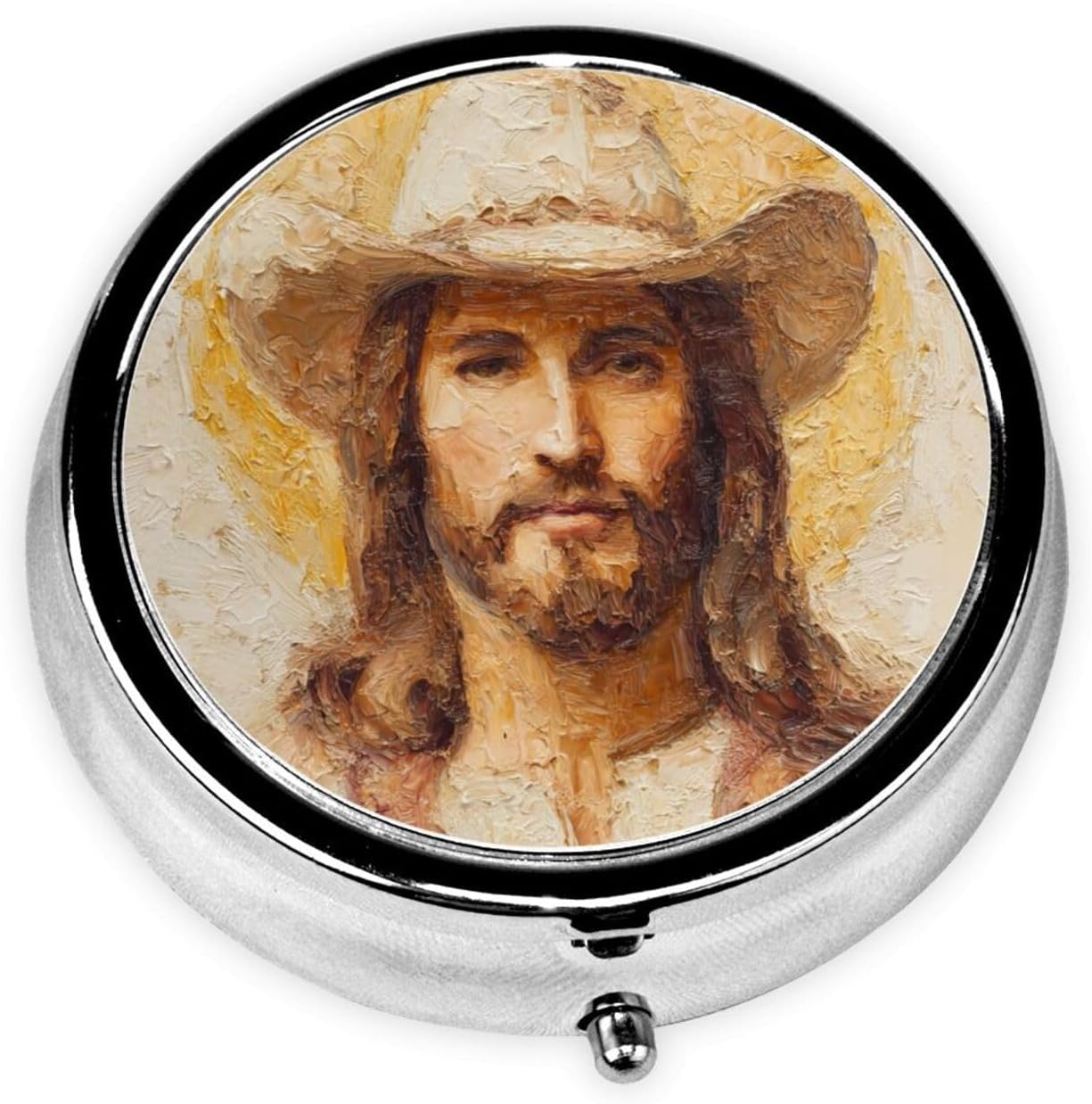 Jesus Wearing A Cowboy Hat Western Art Round Pill Case, Portable Pill Box for Pocket Metal Medicine Vitamin Organizer 3 Compartment Three Times A Day