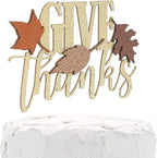 Thanksgiving Cake Topper - GIVE thanks - Double Sided gold glitter with fall colors leaves - Premium quality Made in USA