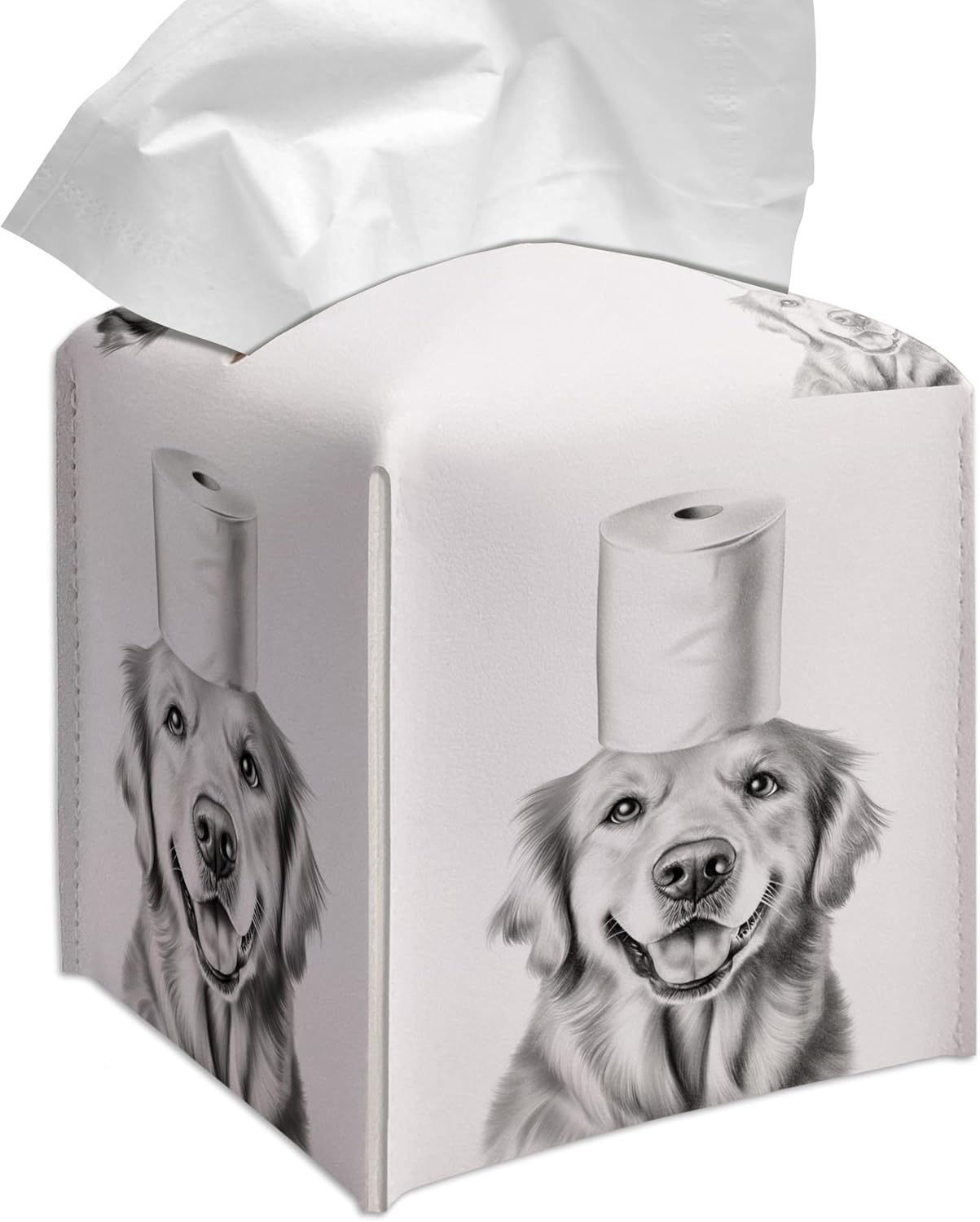 Grace Yonks Cute Golden Retriever Dog Tissue Box Cover Square, Toilet Paper Cube Case for Facial Tissues, 5.2" PU Leather(063)