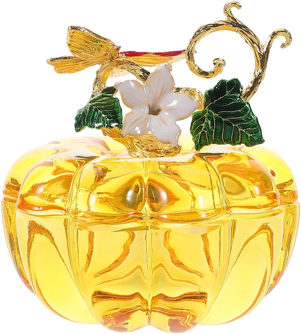 Healifty Crystal Pumpkin Jewelry Box with Metal Flower Stem Lid Trinket Box Glass Figurine for Fall Decor Earrings Storage Art Home Thanksgiving Ornament 3.34 inch
