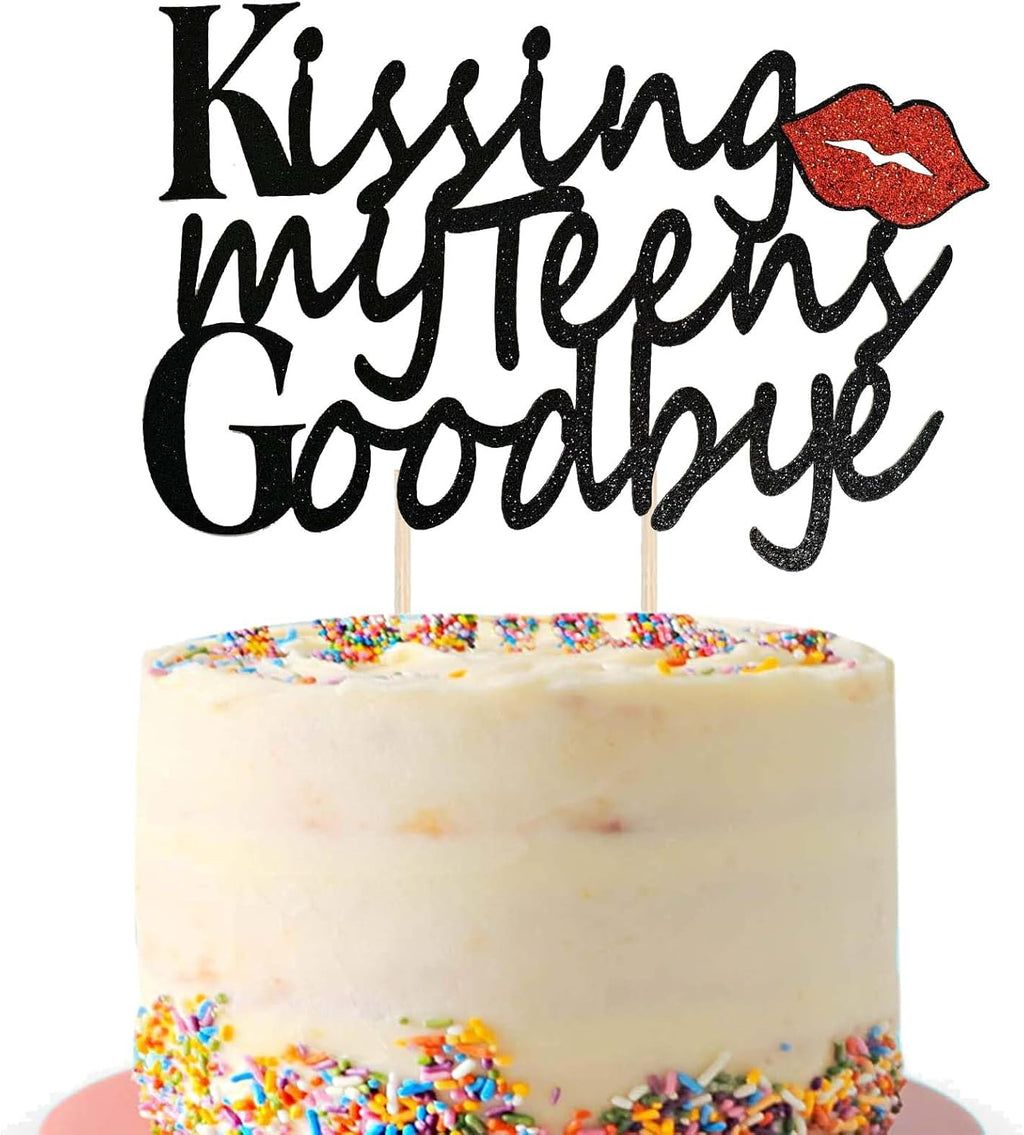 Kissing My Teens Goodbye Cake Topper, Black Glitter 20th Birthday Cake Topper, Hello 20, Cheers to 20 Years Party Cake Pick (Black)