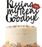 Kissing My Teens Goodbye Cake Topper, Black Glitter 20th Birthday Cake Topper, Hello 20, Cheers to 20 Years Party Cake Pick (Black)