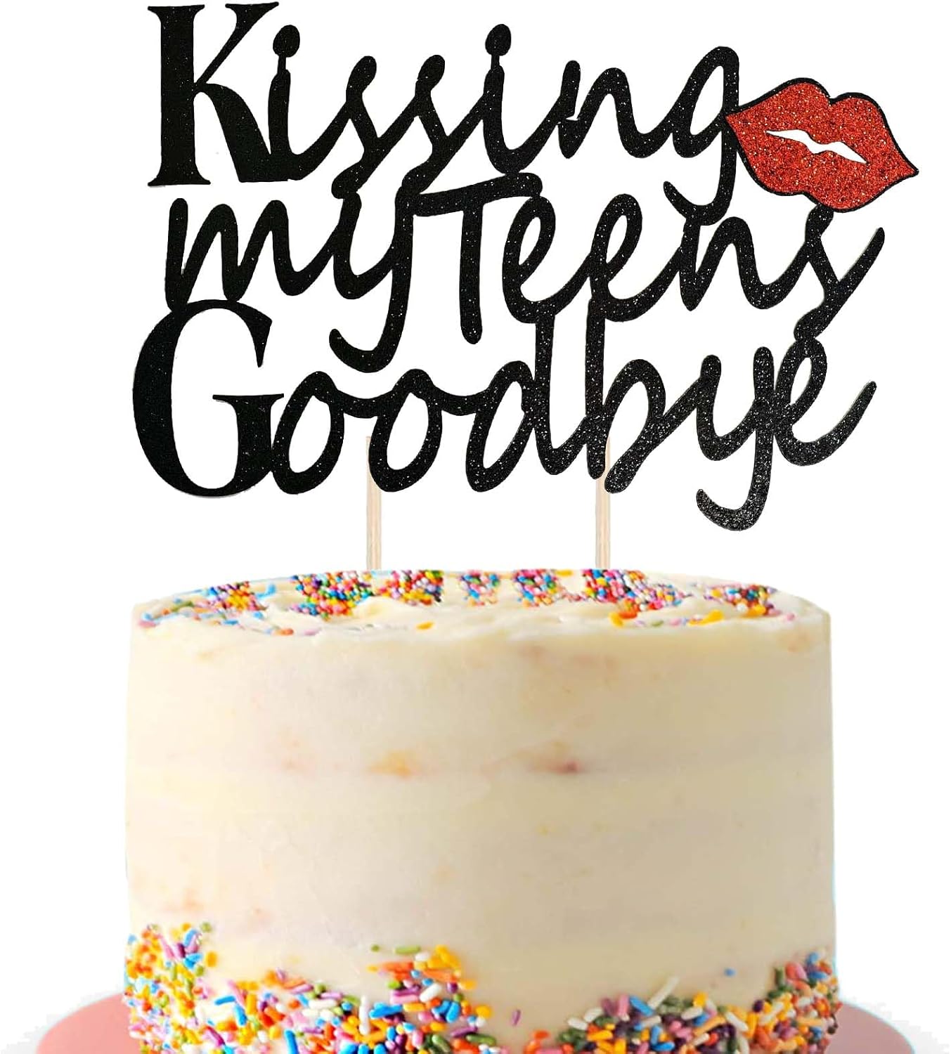Kissing My Teens Goodbye Cake Topper, Black Glitter 20th Birthday Cake Topper, Hello 20, Cheers to 20 Years Party Cake Pick (Black)