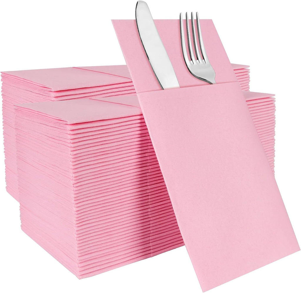 Pink Napkins Disposable Linen Feel Napkins with Built-in Flatware Pocket, Prefolded for Knives and Forks, Pink Dinner Napkins for Evening Parties, Weddings, easter, birthday, 100Pack