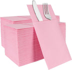 Pink Napkins Disposable Linen Feel Napkins with Built-in Flatware Pocket, Prefolded for Knives and Forks, Pink Dinner Napkins for Evening Parties, Weddings, easter, birthday, 100Pack
