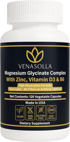 Magnesium Glycinate Complex 4-in-1 - Chelated Magnesium Bisglycinate (150 mg Elemental) with Zinc Picolinate, Vitamin D3 & B6-120 Vegan Capsules, Non-GMO - Men & Women