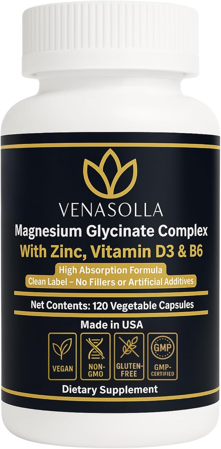 Magnesium Glycinate Complex 4-in-1 - Chelated Magnesium Bisglycinate (150 mg Elemental) with Zinc Picolinate, Vitamin D3 & B6-120 Vegan Capsules, Non-GMO - Men & Women