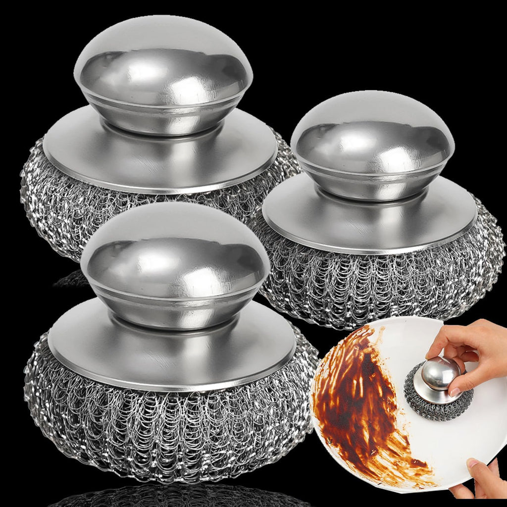 Stainless Steel Kitchen Pot Brush with Short Handle Wire Ball Cleaning Tools Home Kitchen Dish Washing Accessories (2PCS)