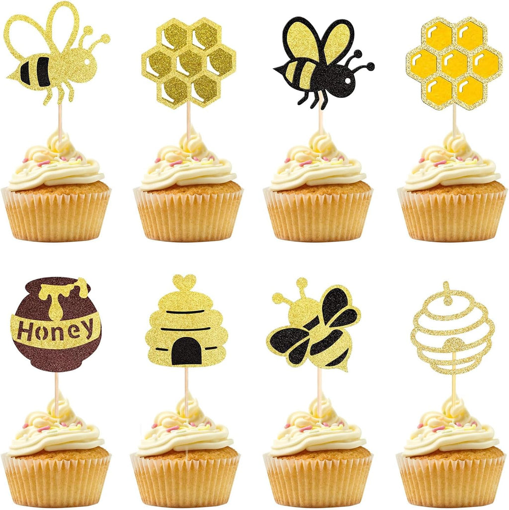 24 PCS Bumble Bee Cupcake Toppers Glitter Heart Honeycomb Bee Cupcake Picks BaBy Shower Cake Decorations for Bee Theme Baby Shower Kids Birthday Party Supplies
