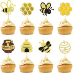 24 PCS Bumble Bee Cupcake Toppers Glitter Heart Honeycomb Bee Cupcake Picks BaBy Shower Cake Decorations for Bee Theme Baby Shower Kids Birthday Party Supplies
